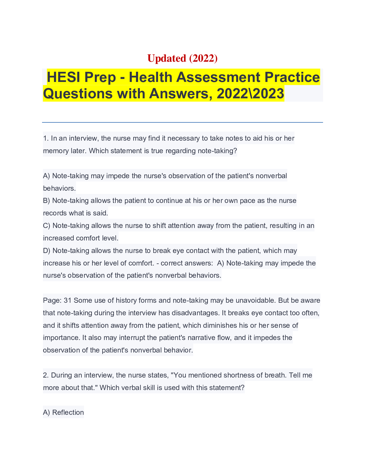 Preview image for 2022-2023 HESI PREP - HEALTH ASSESSMENT PRACTICE QUESTIONS WITH ANSWERS.